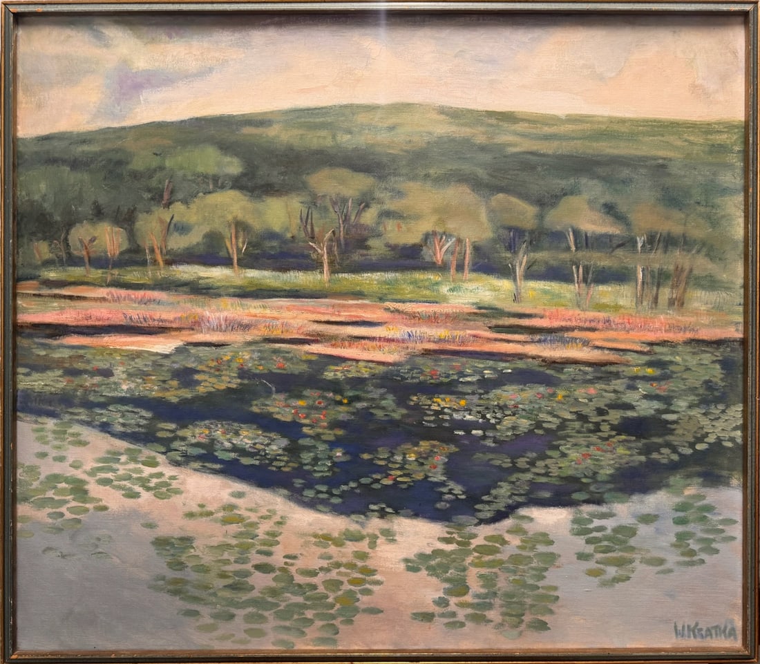 Vintage Impressionist Landscape Painting – Tranquil Pond with Water Lilies & Tree Line (1 of 10)