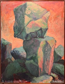 Large Mid-Century Abstract Expressionist Rock Formation Painting – Modern Landscape in Coral &