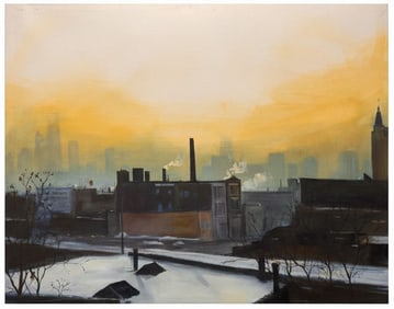 Contemporary Urban Landscape Oil Painting – Industrial Skyline at Dawn with Atmospheric Haze