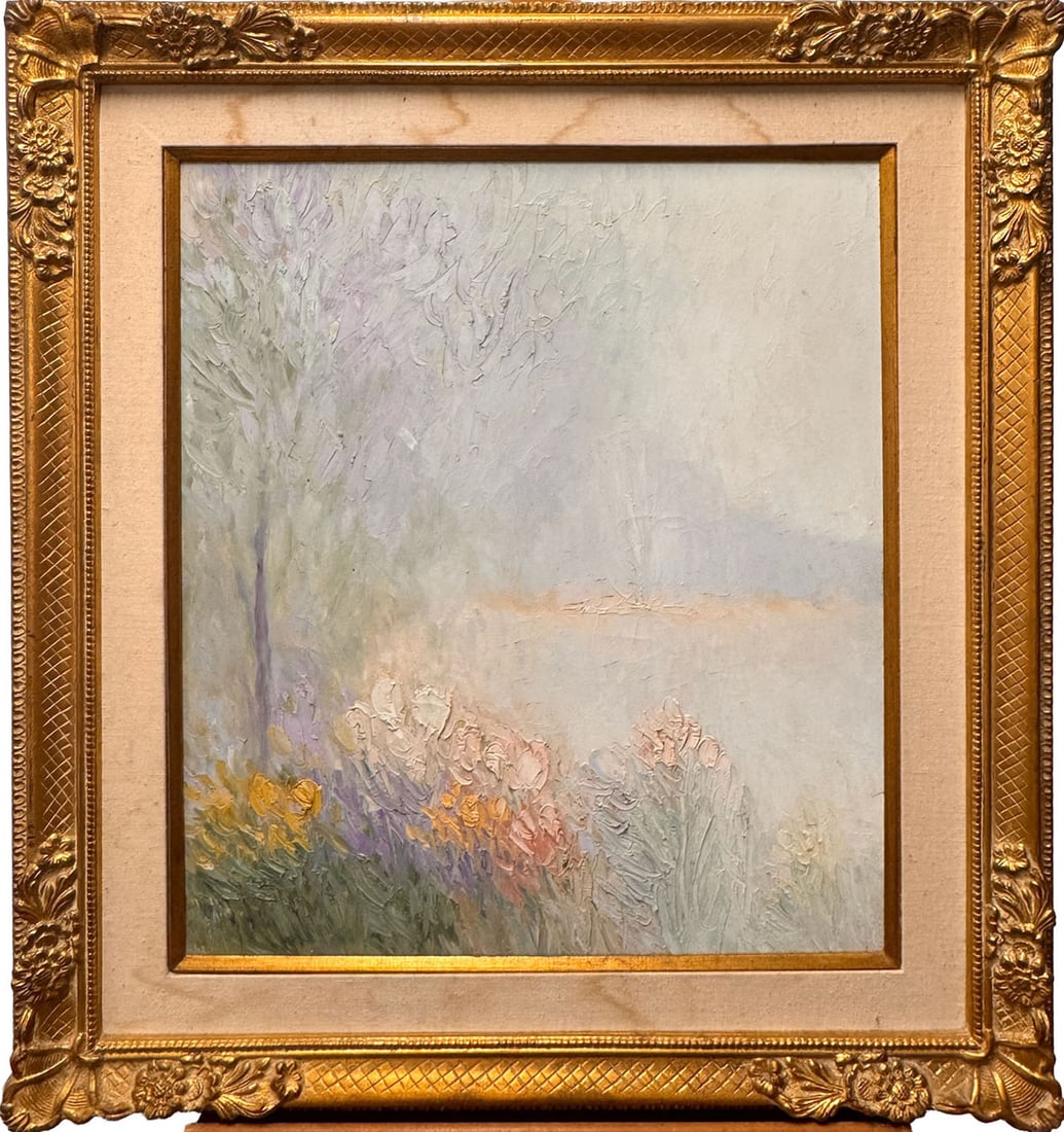 Impressionist Landscape With Flowers by the Water Soft Pastel Palette Oil on Canvas (1 of 6)