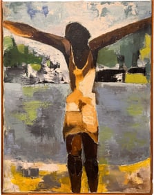 Modernist Figurative Painting – Woman w/ Outstretched Arms by the Water– Bold Abstract