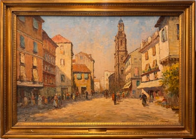 Signed European Street Scene Oil Painting – Charming Early 20th-Century Cityscape in Gilt Frame