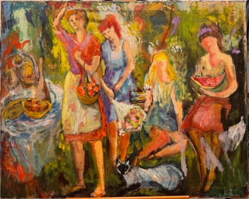 Vibrant Mid-Century Figurative Oil Painting – Women with Fruit in Lush Garden Scene