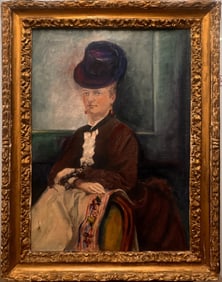 19th-Century Oil Portrait of an Elegant Seated Lady in Ornate Gilt Frame