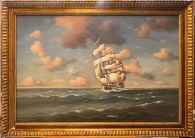 Fine 19th/20th-Century Maritime Oil Painting–Clipper Ship at Full Sail on Open Seas–by J.