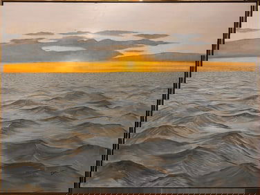 Large Contemporary Seascape Oil Painting – Rolling Gray Waves at Sunrise – Signed “DAC”