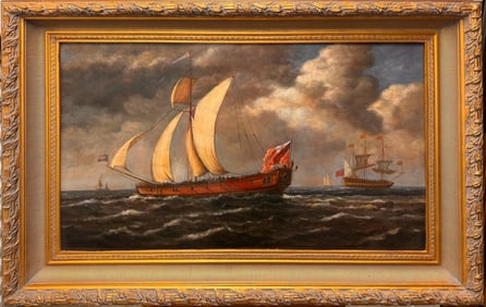 Dramatic Maritime Oil Painting – Tall Ships at Sea – Large Framed Nautical Artwork