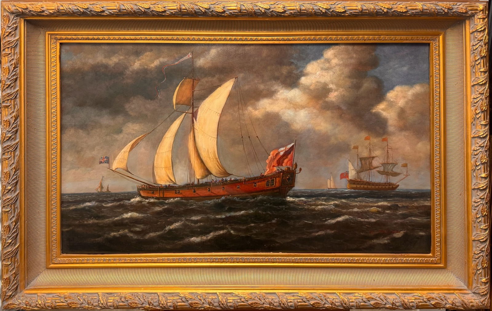 Dramatic Maritime Oil Painting Tall Ships at Sea Large Framed Nautical Artwork (1 of 11)