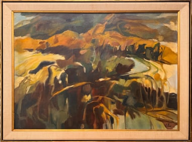 Abstract Modern Landscape Oil Painting – Earth-Tone Expressionist Vista, Signed R. Blue