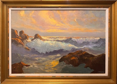 G. Morris Signed Coastal Seascape Oil Painting – Dramatic Sunset Surf & Rocky Shoreline