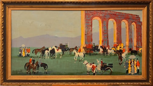 Mid-Century Equestrian Gathering Oil Painting – Carriages, Riders & Grand Archway Scene – Signed