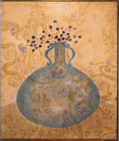 Vintage Modernist Still Life Painting – Ethereal Vase With Florals – Soft Pastel Palette –