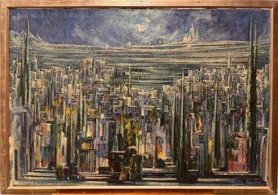 Futurist Mid-Century Cityscape Painting – Atmospheric Urban Vision – Heavy Impasto – Signed