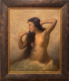 Classical Oil Painting of a Seated Nude Woman – Soft Realist Style – Signed & Framed