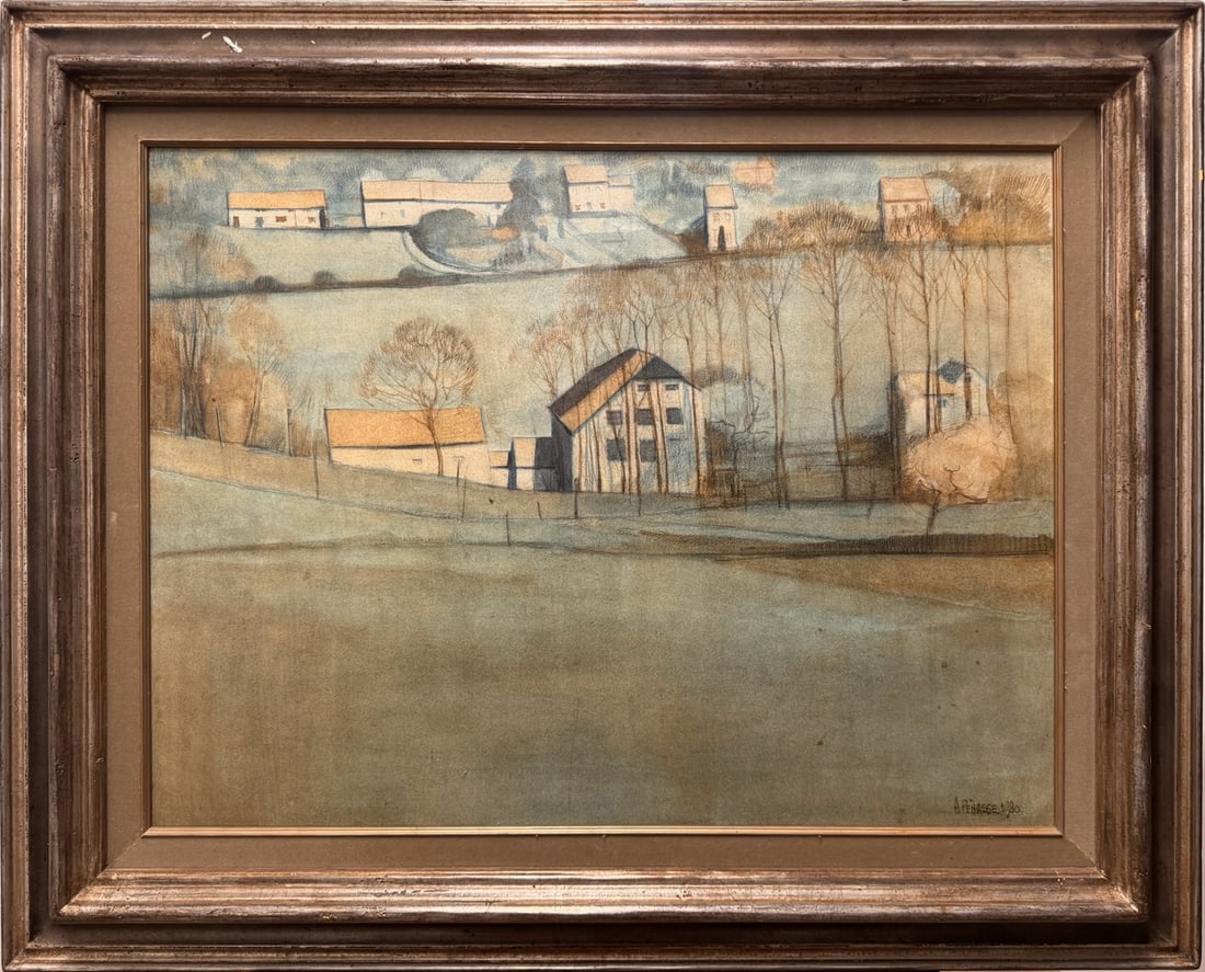 French Modernist Signed watercolor Landscape A. PENASSE 1980: This beautifully atmospheric 1980 landscape by A. Fieseler presents a quiet rural hillside dotted with farm buildings, bare winter trees, and rolling fields rendered in muted, earthy tones. The artist