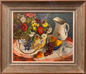 Stella Coler Signed Vintage Still Life Oil Painting – Flowers, Fruit & Pitcher – Framed