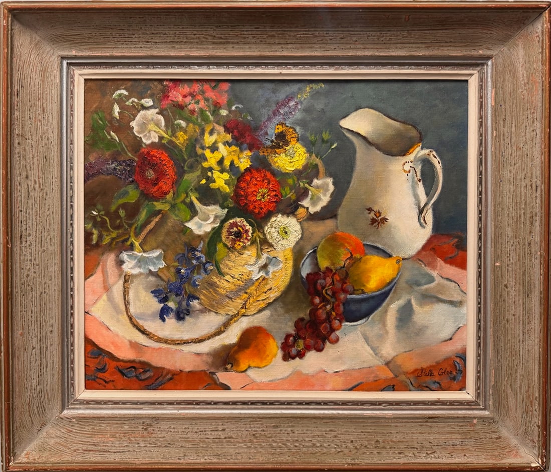 Stella Coler Signed Vintage Still Life Oil Painting – Flowers, Fruit & Pitcher – Framed (1 of 9)