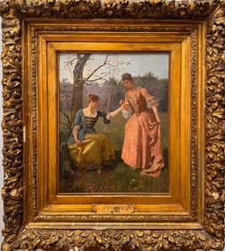 Albert Raudnitz (1814 - 1899) “Garden Companions" 19th-Century Genre Scene Framed Oil Painting