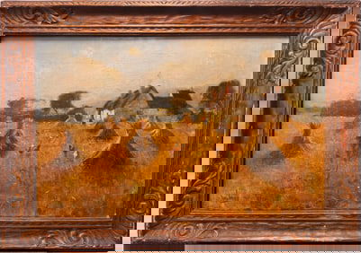 Hugo Venier – Antique Oil Painting of Harvest Landscape with Farmstead & Haystacks