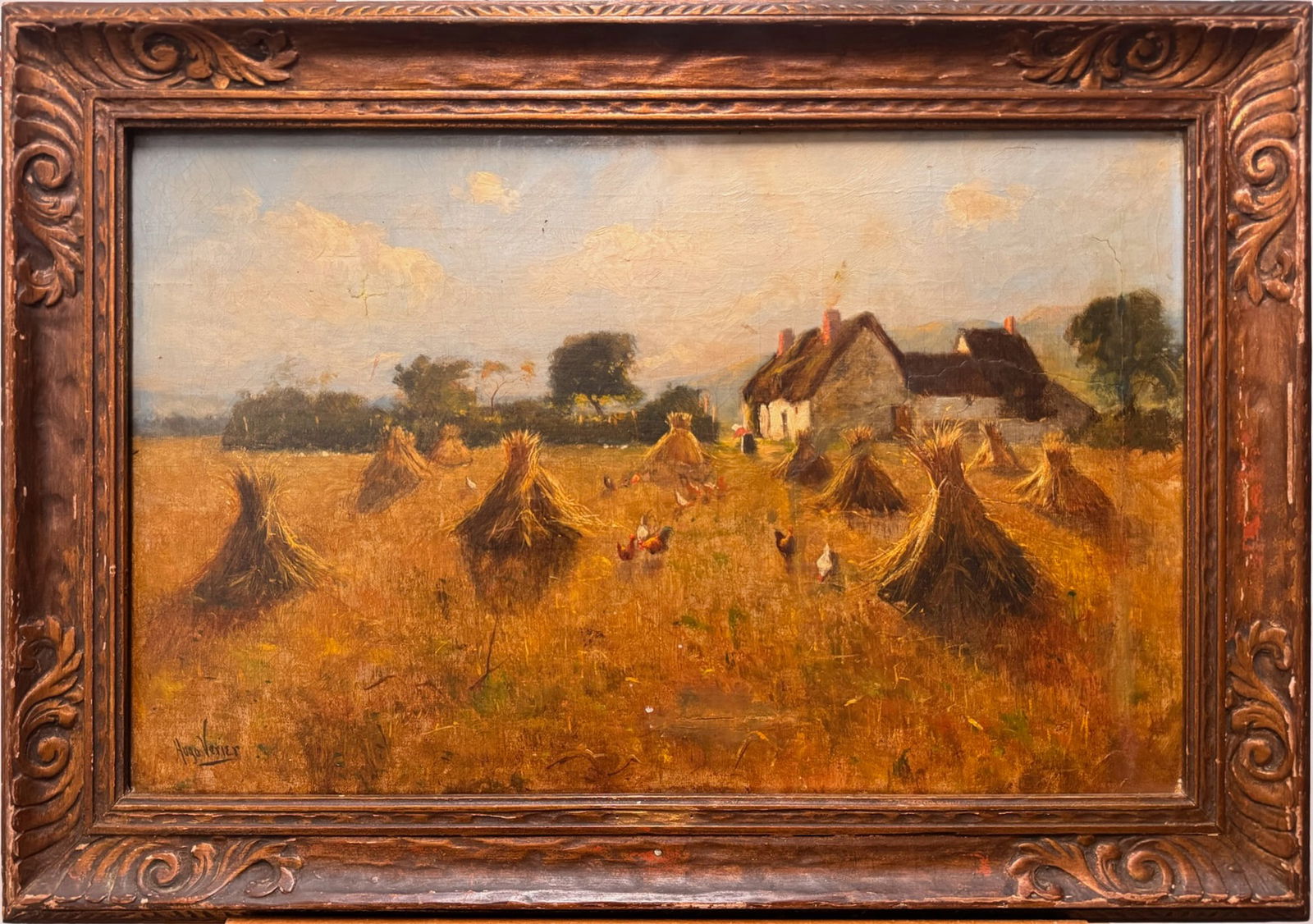 Hugo Venier Antique French Impressionist Oil Painting Landscape with Haystacks (1 of 10)