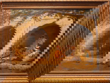 Orientalist Genre Scene – Antique Oil Painting of Men Conversing in an Archway Courtyard, Signed