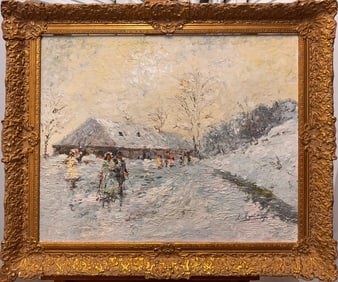Snowy Village Scene with Figures – Antique Impressionist Oil Painting, Signed