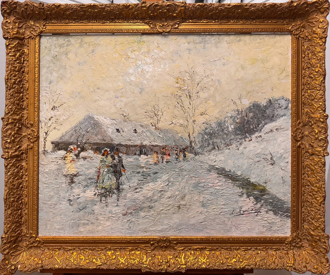 Vintage Impressionist Winter Landscape with Figures Signed Mystery (1 of 9)