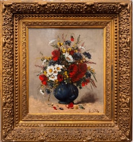 Antique French Impressionist Still Life Oil Painting of Flowers Vase Signed Georges Petit