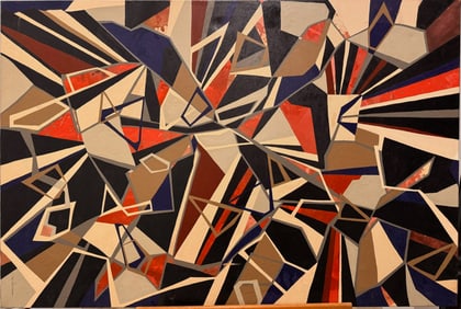 Large Mid-Century Geometric Abstract Painting – Bold Angular Composition – Vintage Modernist Art