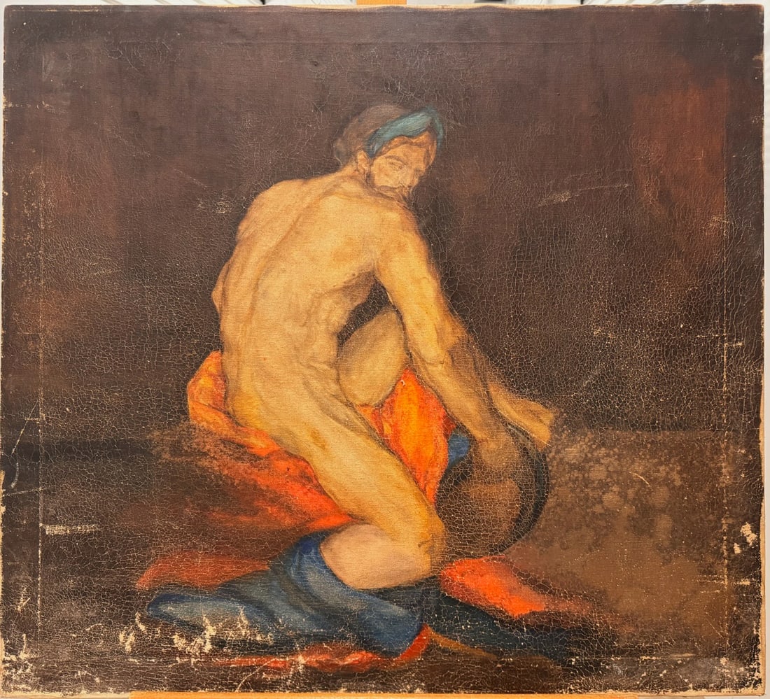 Vintage American Male Nude Figurative Academic Oil Painting: This expressive vintage male nude figure study captures a seated man rendered in warm, naturalistic tones against a deep, earthy background. The artist focuses on anatomical form and shadow, presentin