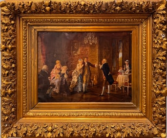 Antique 19th-Century Interior Salon Scene – Oil on canvas in Ornate Gilt Frame