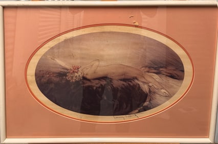 Antique Louis Icart Art Deco Signed Nude Woman Print With Windmill Framed