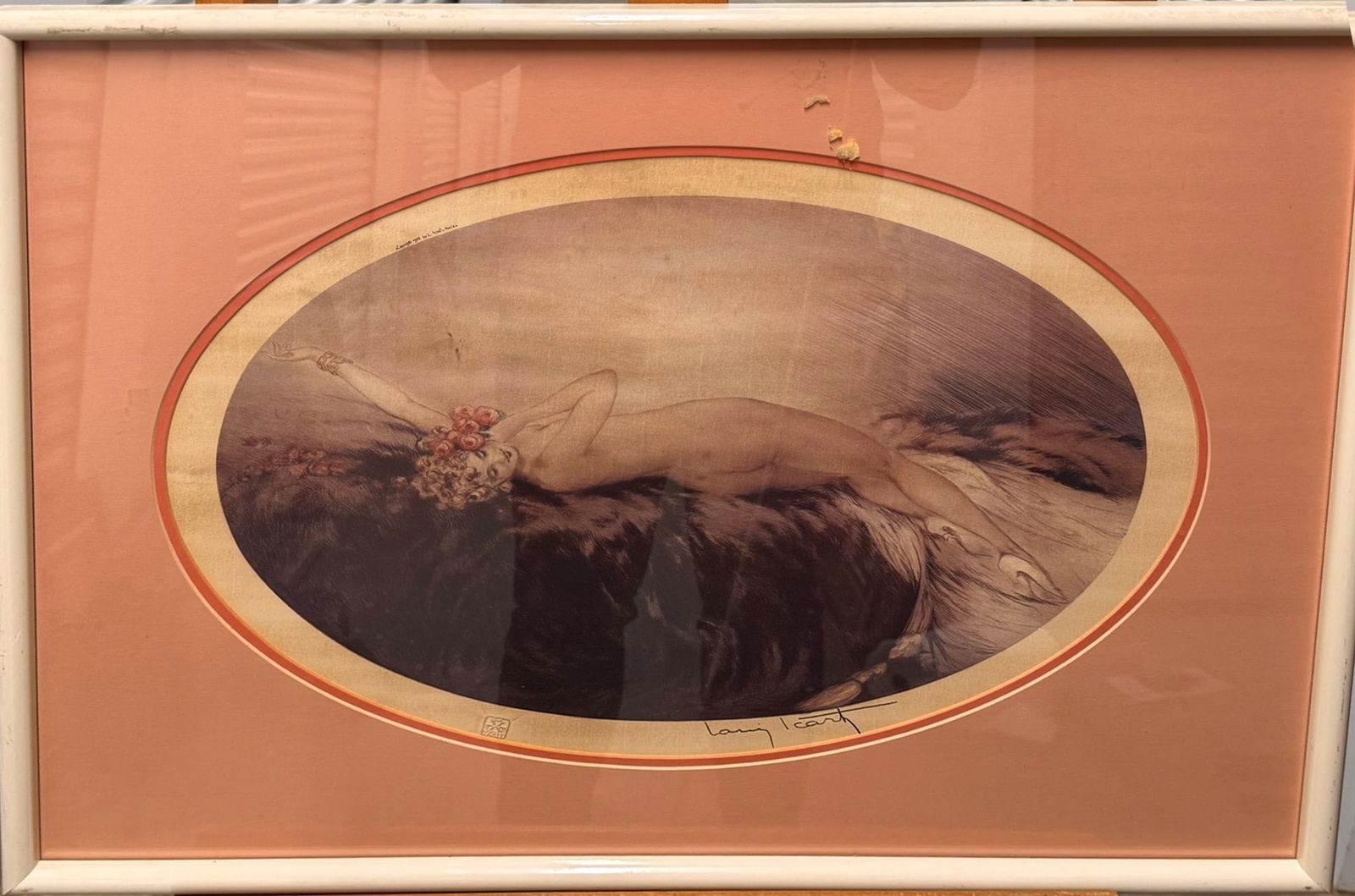 Antique Louis Icart Art Deco Signed Nude Woman Print With Windmill Framed: A charming vintage Art Deco–era print featuring his signature subject matter: a reclining nude woman rendered with elegance, softness, and a hint of playful sensuality. Set within an oval compositio