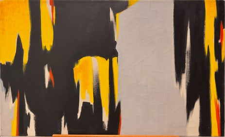 Large Mid-Century Abstract Expressionist Painting – Bold Black, Yellow & Gray Palette