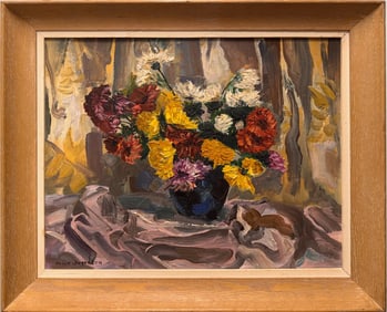 Grace Jorgensen – Vibrant Still Life with Flowers – Bold Impasto Oil Painting in Original Frame