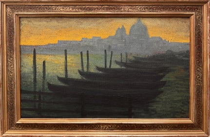 Atmospheric Venetian Sunset – Gondolas at Dusk – Vintage Oil Painting in Ornate Frame