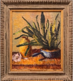 Mid-Century Modern Still Life with Potted Snake Plant & Vessel – Oil on Canvas – Signed