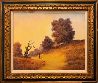 Signed D. Gibbs Vintage Landscape Oil Painting–Woman Walking w/ Dog on Golden Path–Warm Sunset