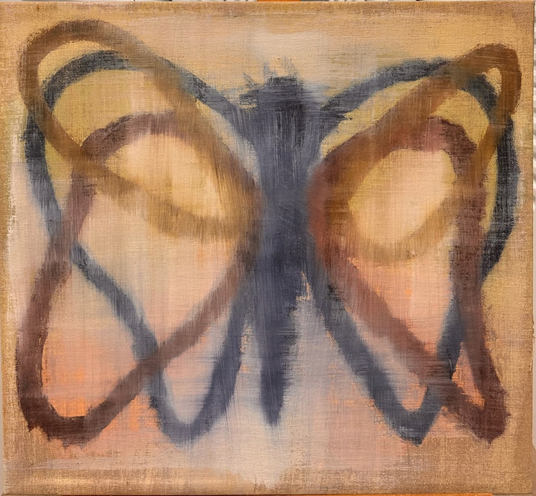 American Abstract Expressionist Warm Colors Large Oil Painting: A striking and atmospheric abstract butterfly painting executed in soft, translucent layers of pigment. The composition conveys the recognizable symmetry of butterfly wings but rendered through loose,