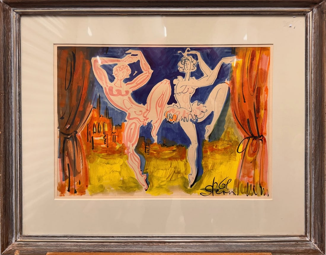 Jewish Hungary American Modernist Jossi Joseph Stern watercolor dancers signed: Jewish American Modernist Jossi Joseph Stern watercolor dancers signed, Jossi (Joseph) Stern was born far from his present world, in the Bakon Hills of Hungary, in 1923. He was already drawing when at