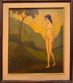 Vintage Nude Female Landscape Oil Painting – Mid-Century Figurative Art, Framed - Signed,