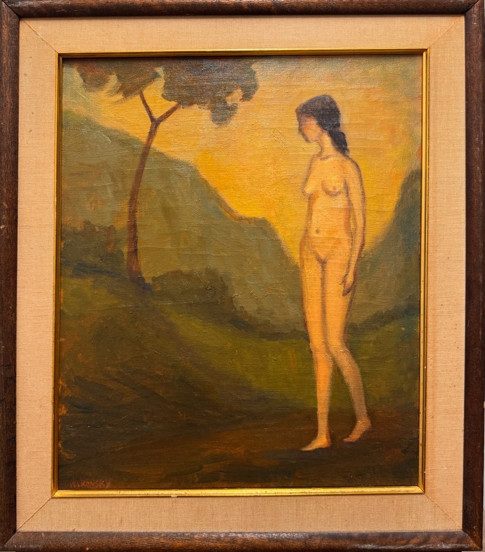 Vintage American Modern Nude Female Landscape Oil Painting Signed: A beautiful signed (Volronsky) serene mid-century oil painting depicting a standing nude female figure surrounded by misty green hills and a glowing golden sky. The artist creates a dreamlike, atmosph