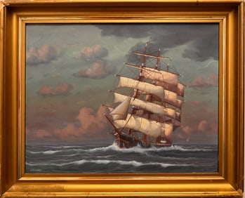 Vintage Maritime Oil Painting – Tall Ship at Sea, Signed J. Winfried, Large Framed Art