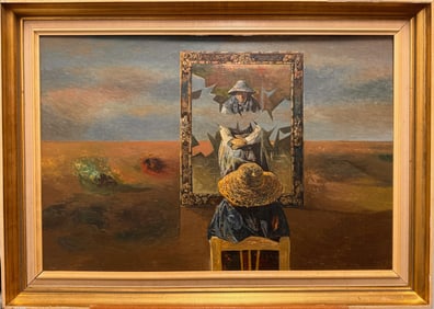 Surreal Vintage Oil Painting – Mirror Illusion Figure, Signed Duarte , Large Framed Artwork