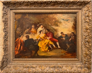 Antique Oil Painting Elegant Social Gathering Scene – Vintage Figurative Art in Ornate Frame