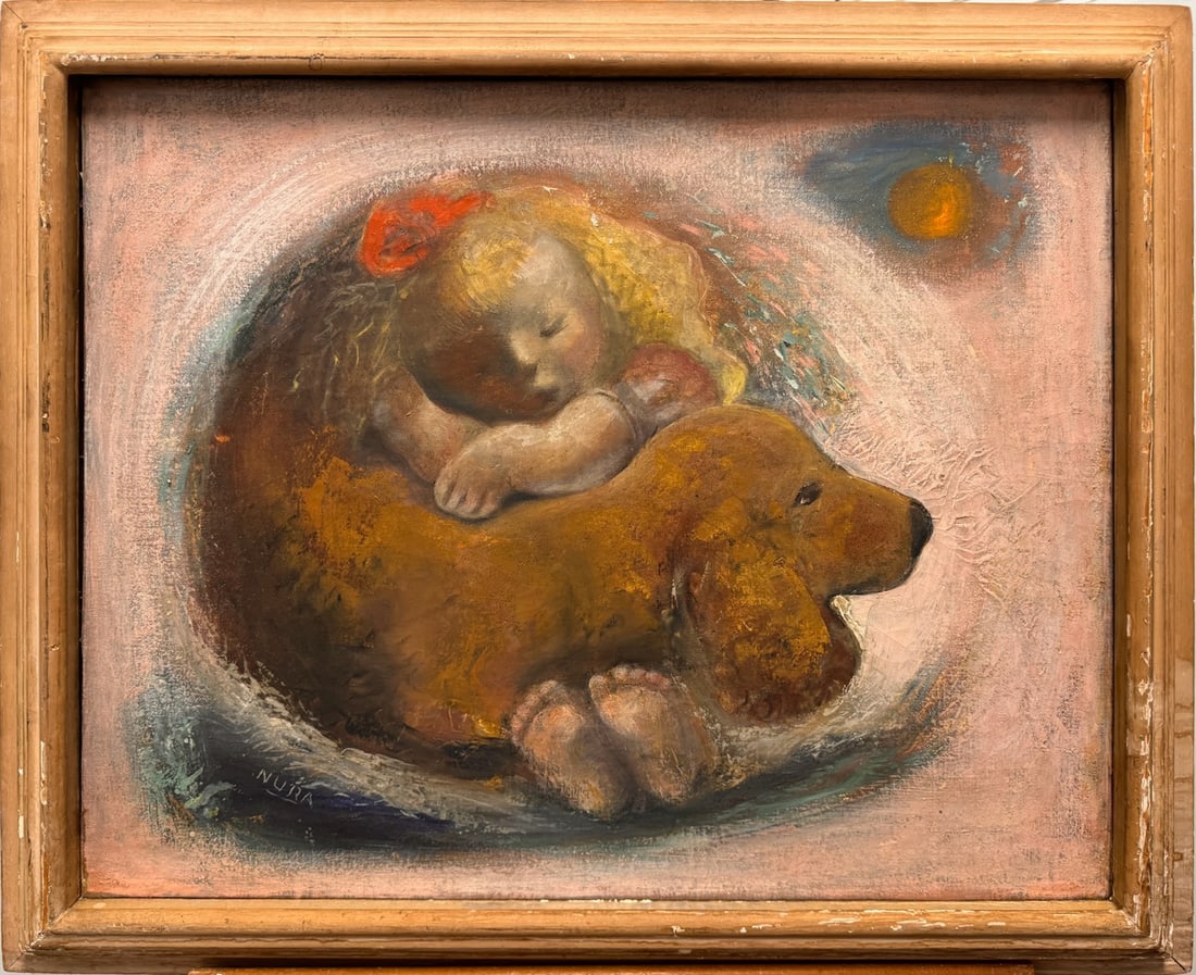 Vintage American New York Modernist Oil Painting- "Dream" Nura Ulreich Signed: This enchanting vintage oil painting, signed Nuria, captures a heart-warming scene of a young child peacefully resting atop a loyal, gentle dog. Rendered in soft pastel hues with warm browns, peach to