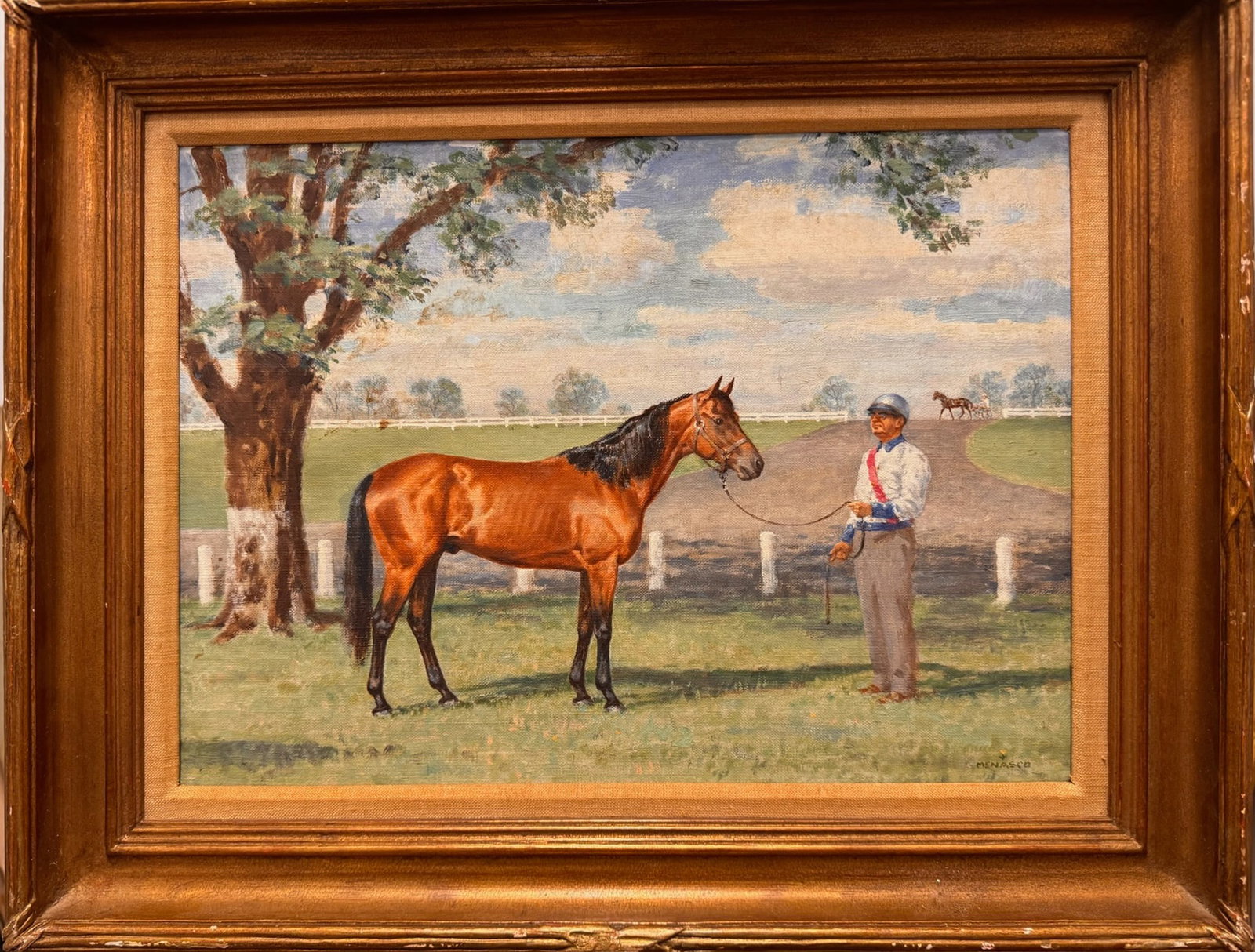 Vintage American Kentucky Impressionist Artist Milton Menasco Oil Painting Signed Horse racing: The size of this painting is 12 x 16". Milton Menasco is known for Horses, race genre, farm landscape.Born in Los Angeles, California, Menasco became a painter of equestrian subject, after working in 