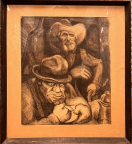 Vintage Western Art Charcoal Drawing – Cowboy & Ranch Hand Scene, Signed, Framed