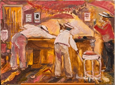 Andrew Turner (1944 - 2001 Vintage Bar Scene Oil Painting – Pool Players & Smoky Saloon Interior