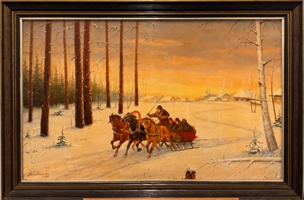 Vintage Russian Winter Sleigh Scene Painting – Troika Horses, Snow Landscape, Signed 1982
